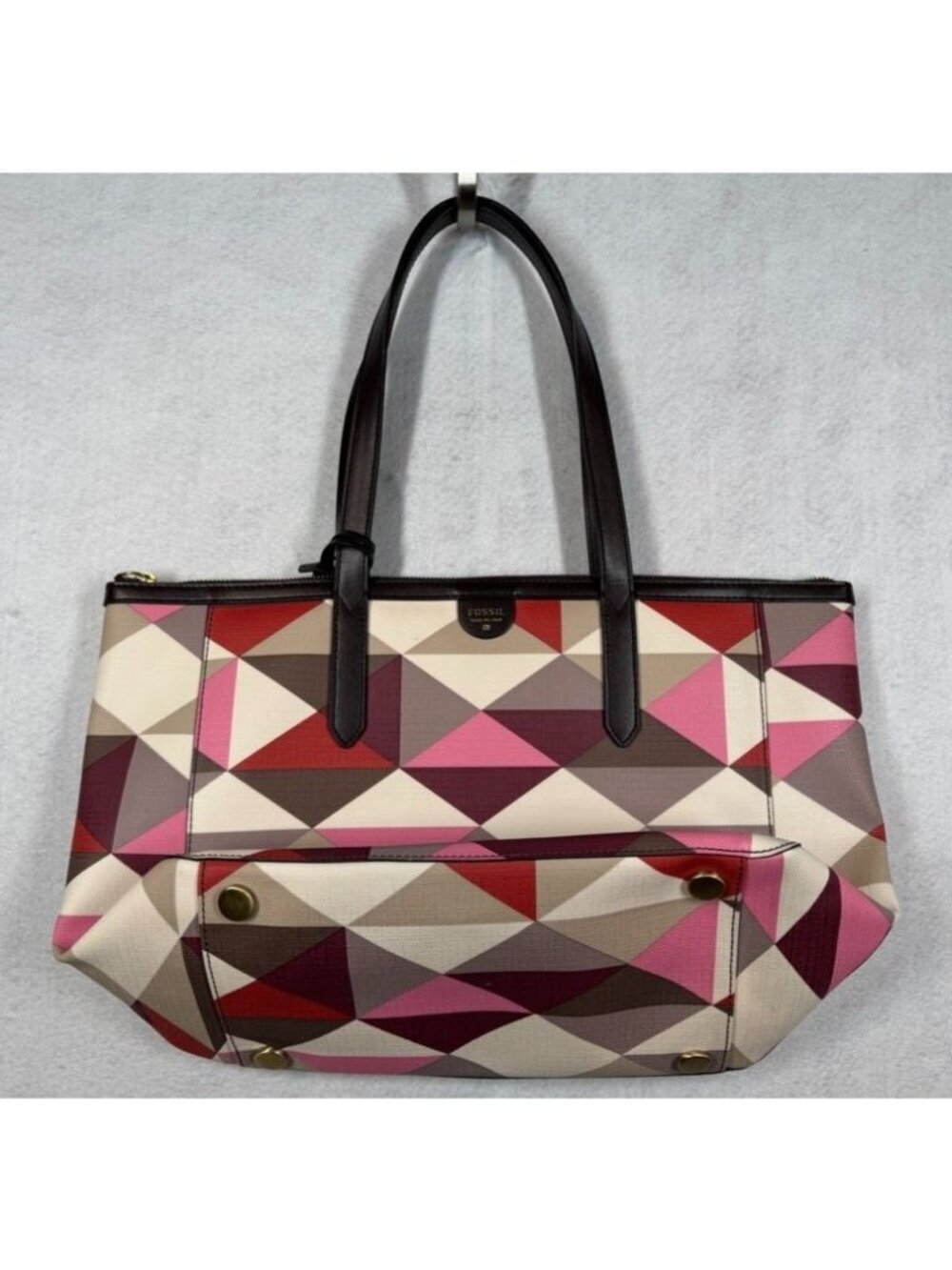 Fossil Sydney Shopper Tote Bag Red Multicolor Geometric Pattern with Key Charm